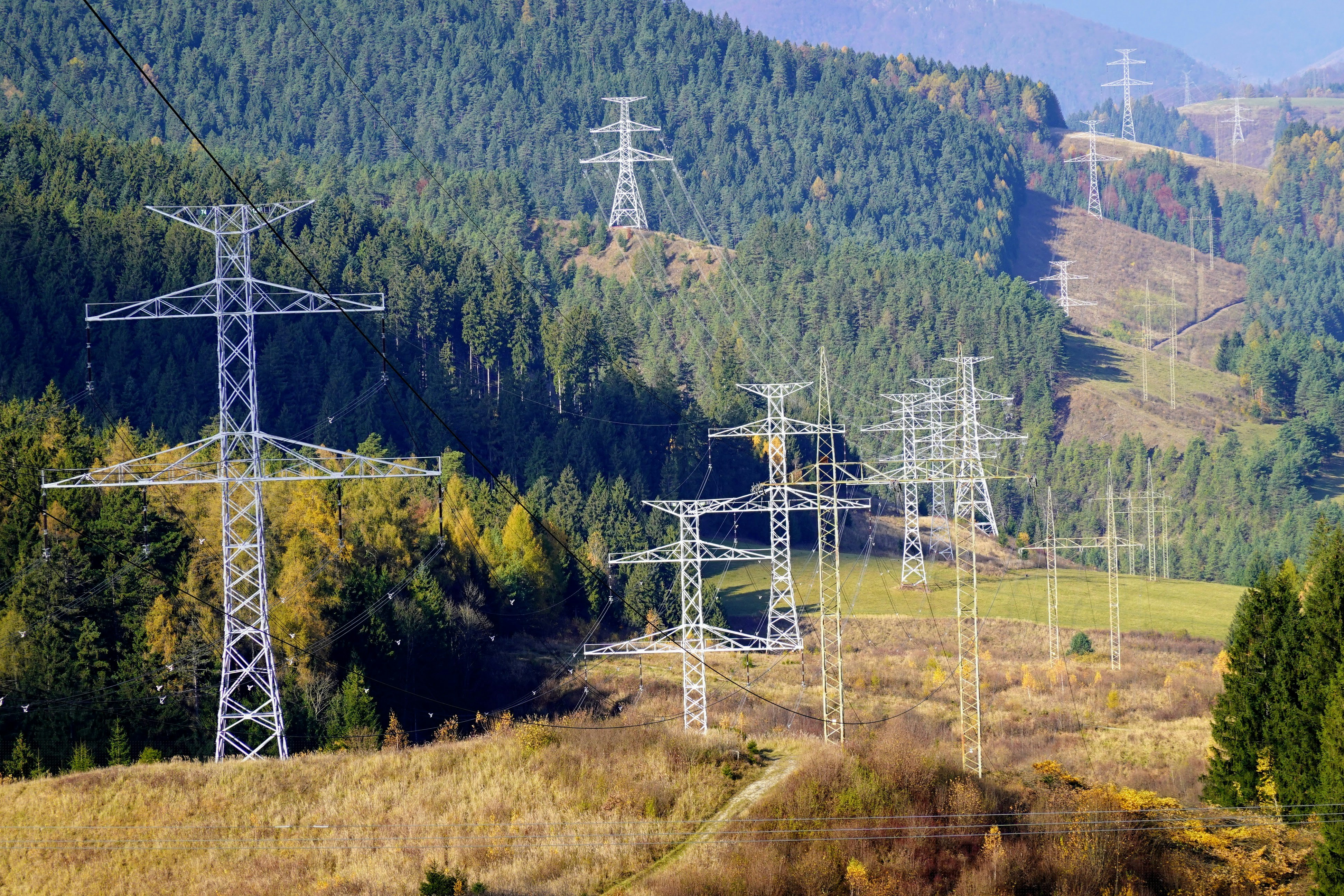 Transmission line crossing a forested slope